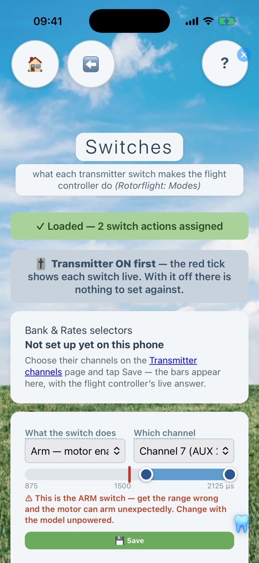 Switches page showing what each switch does