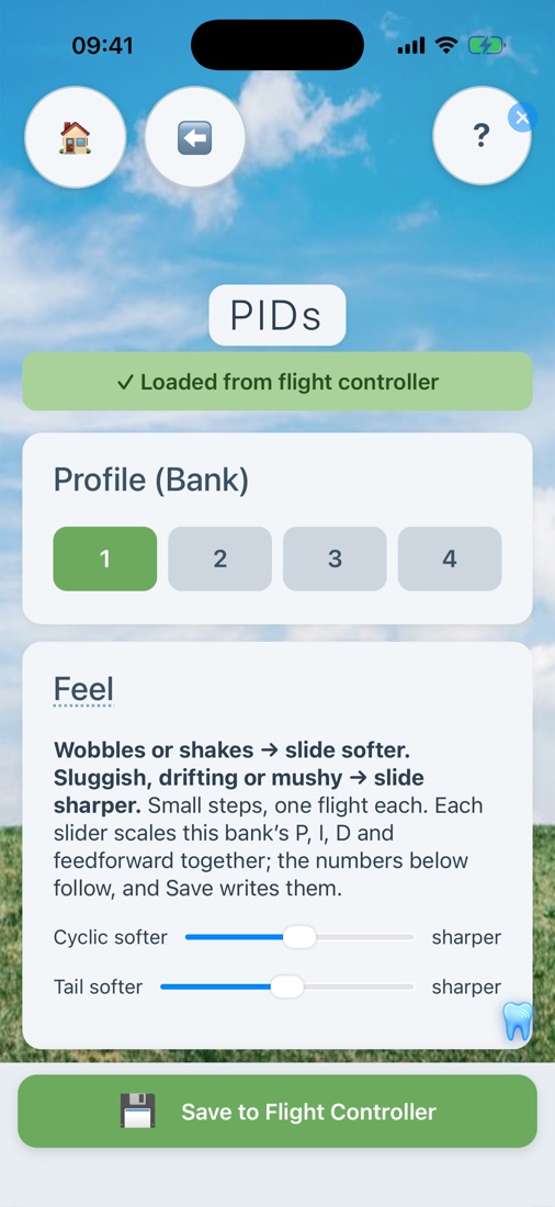PIDs page with the softer and sharper sliders
